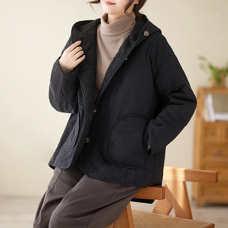 Cotton Women Winter Warm Vintage Single Breasted Coat Casual Loose Hooded Solid Color Elegant Lady New Fashion Jacket Outerwear