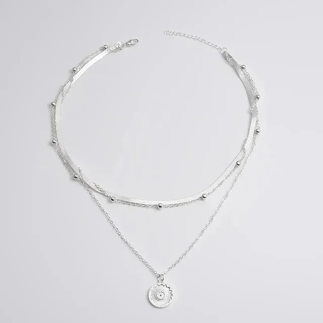 Collier tendance à chaîne serpent plate avec pendentif disque à trois couches pour femme, chaîne de perles simple, accessoires de bijoux de fête