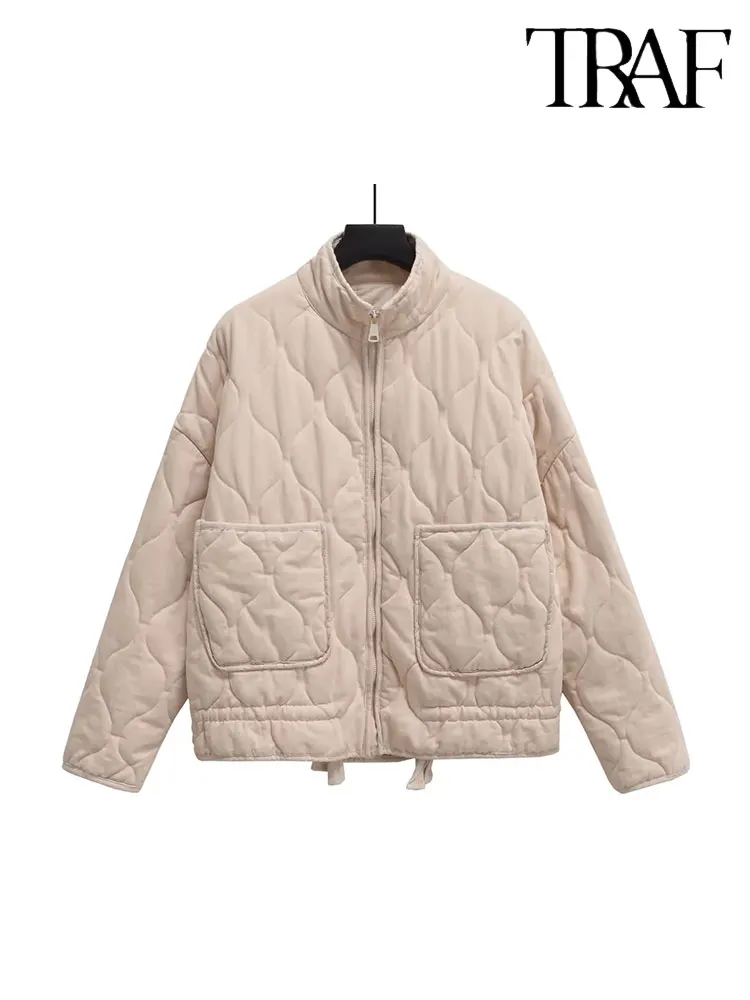 

TRAF 2023 Women Fashion Winter Double Pocket Stand Loose Cotton-padded Jacket Chic Female Zip Warm Overcoats