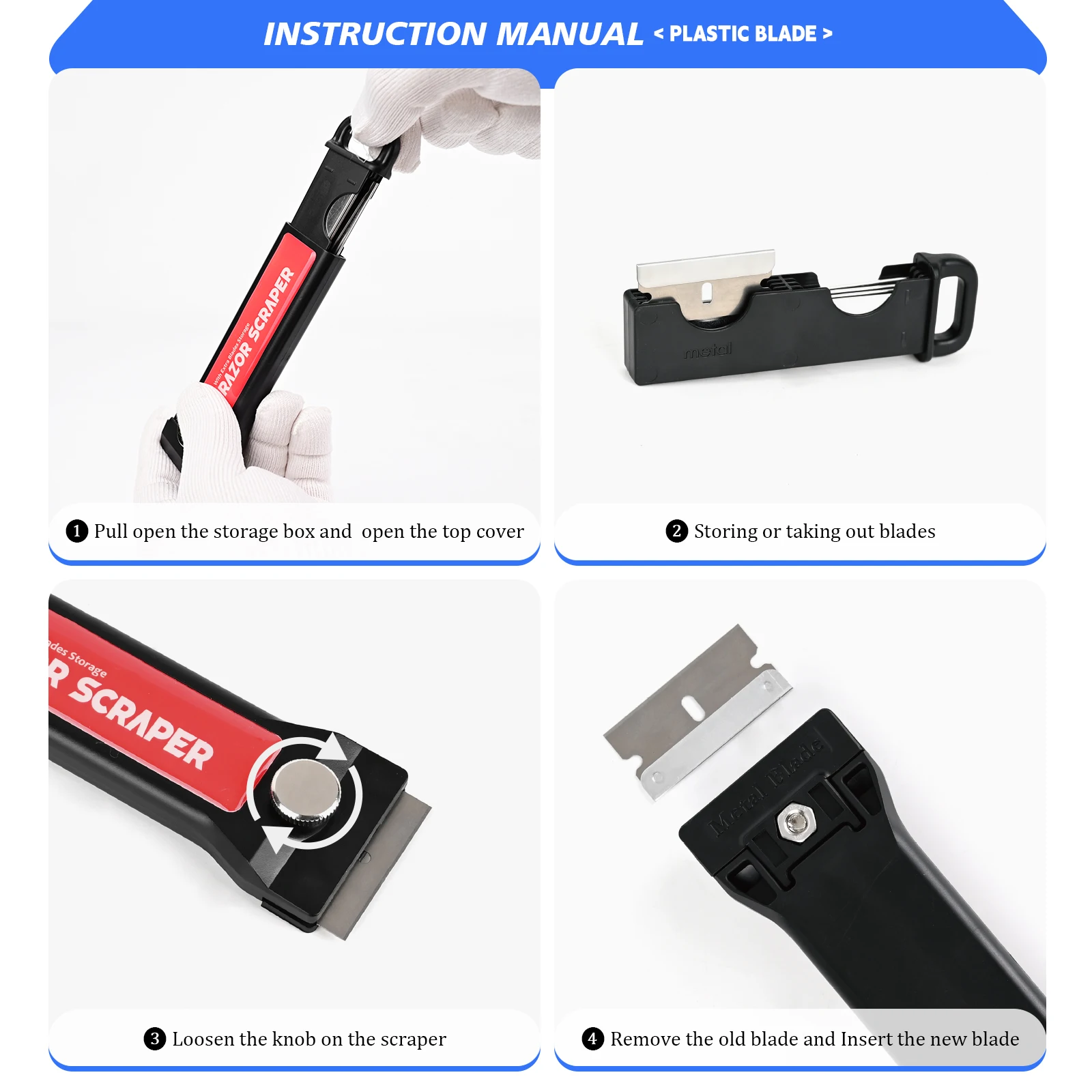 Razor Squeegee Knife Handheld Clean Tool 2pcs With 20pcs Plastic/Carbon Steel Blades Kitchen Oven Floor Car Film Scraper