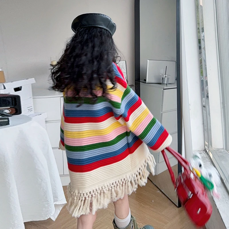 아동용 스웨터 4-14세 여아 캐주얼 패션 봄 가을 니트웨어 트윈 레인보우 컬러풀 의상 아동 한국 스타일 풀오버