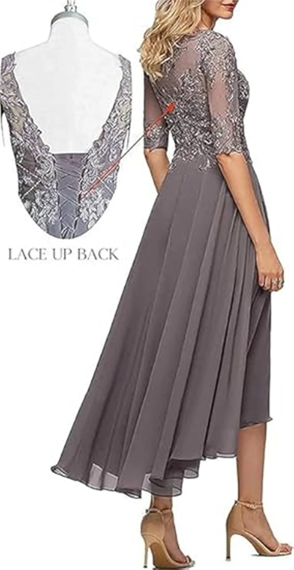 Lace Appliques Chiffon Mother Of The Bride Dresses For Wedding 3/4 Sleeves Tea Length Beaded Formal Evening Prom Dress For Women