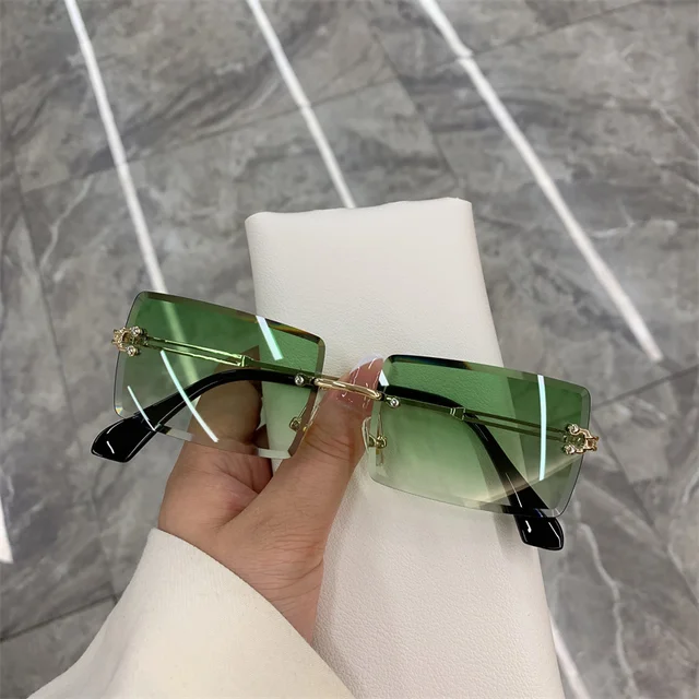 Vintage Fashion Frameless Sunglasses for Women Rimless Rectangle Shades Gradient UV400 Summer Traveling Sun Glasses 2022 Eyewear Gold Green