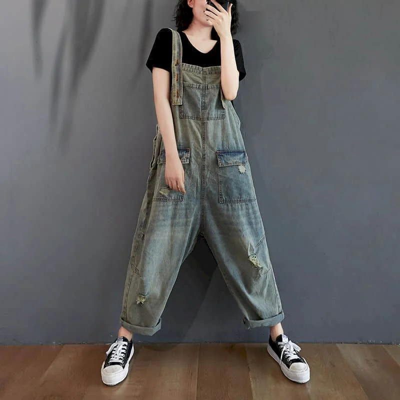 

Denim Jumpsuits for Women Korean Style Vintage Playsuits Casual Cross Pants Loose Trousers Oversized Overalls for Women Clothes