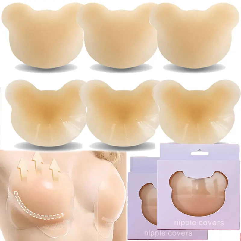 

2pcs with Box Silicone Nipple Cover Reusable Women Breast Little Bear Lift Invisible Bra Pasties Adhesive Bra Pads Sticker Patch