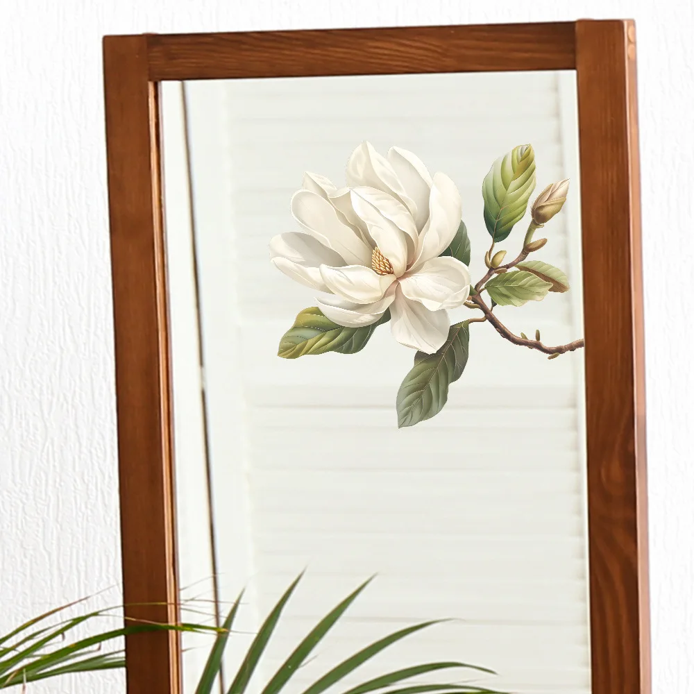 Simple Magnolia Flower PVC Static Mirror Stickers For Window Decoration Room Decor Aesthetic Bathroom Accessories Home Decor