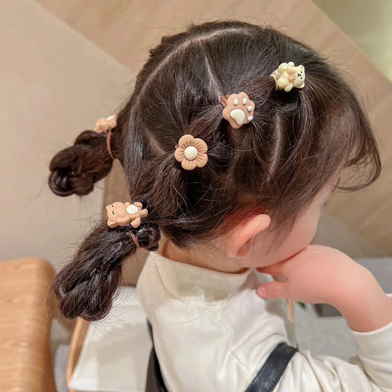 10Pcs/Set Cute Baby Girls Small Elastic Hair Rope Sweet Cartoon Bear Hair Accessories Lovely Flower Mini Scrunchies for Kids