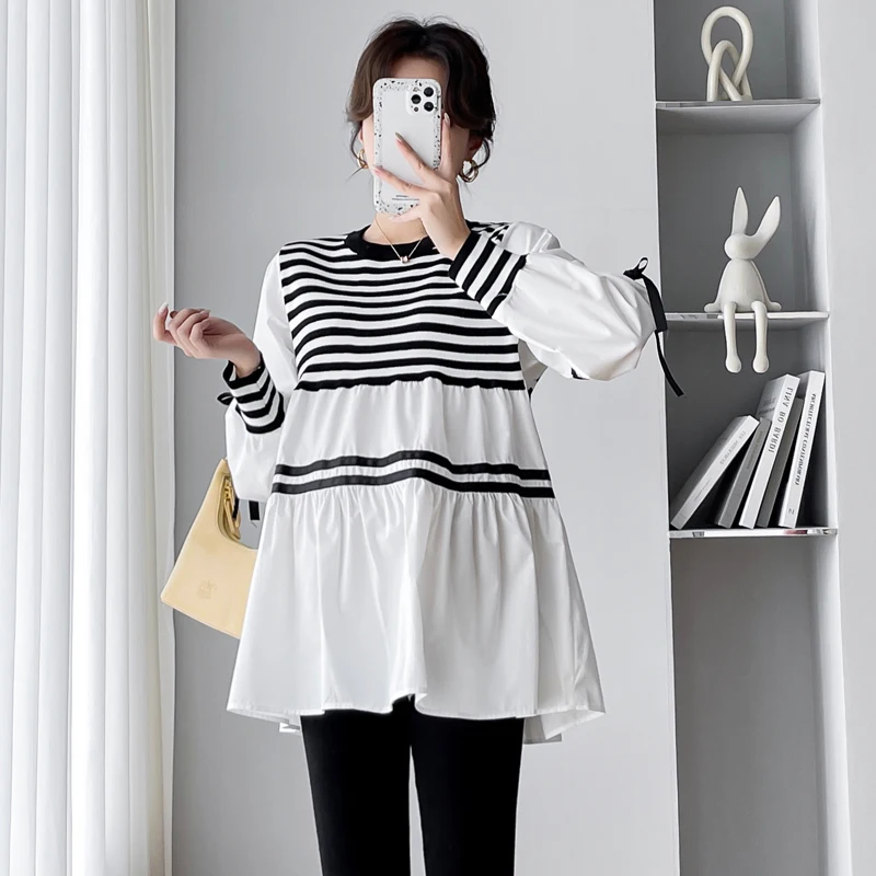 Korean Style Spring Autumn Loose Stripe Pregnant Women Cotton Shirts Plus Size Maternity Clothes Black White Patchwork Blouses