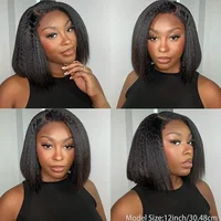 Perruque Courte Bob Lisse Kinky Péruvienne Sans Colle Cheveux Humains 13x4 Yaki Lisse Lace Front Pré-Pluckée avec Fermeture 250% 5