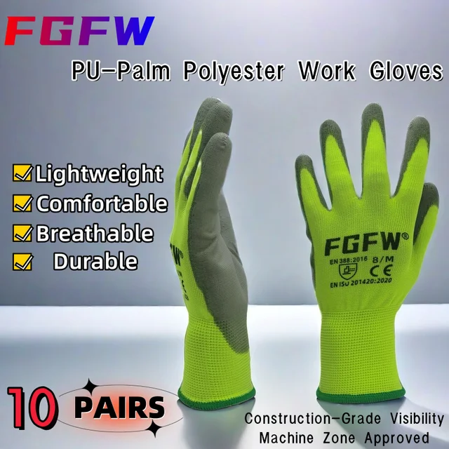 10 paires de gants de travail enduits de PU – Gants de sécurité légers et durables certifiés EN 388/ISO20471, tailles S/M/L/XL 3 10 paires de gants de travail enduits de PU – Gants de sécurité légers et durables certifiés EN 388/ISO20471, tailles S/M/L/XL 3