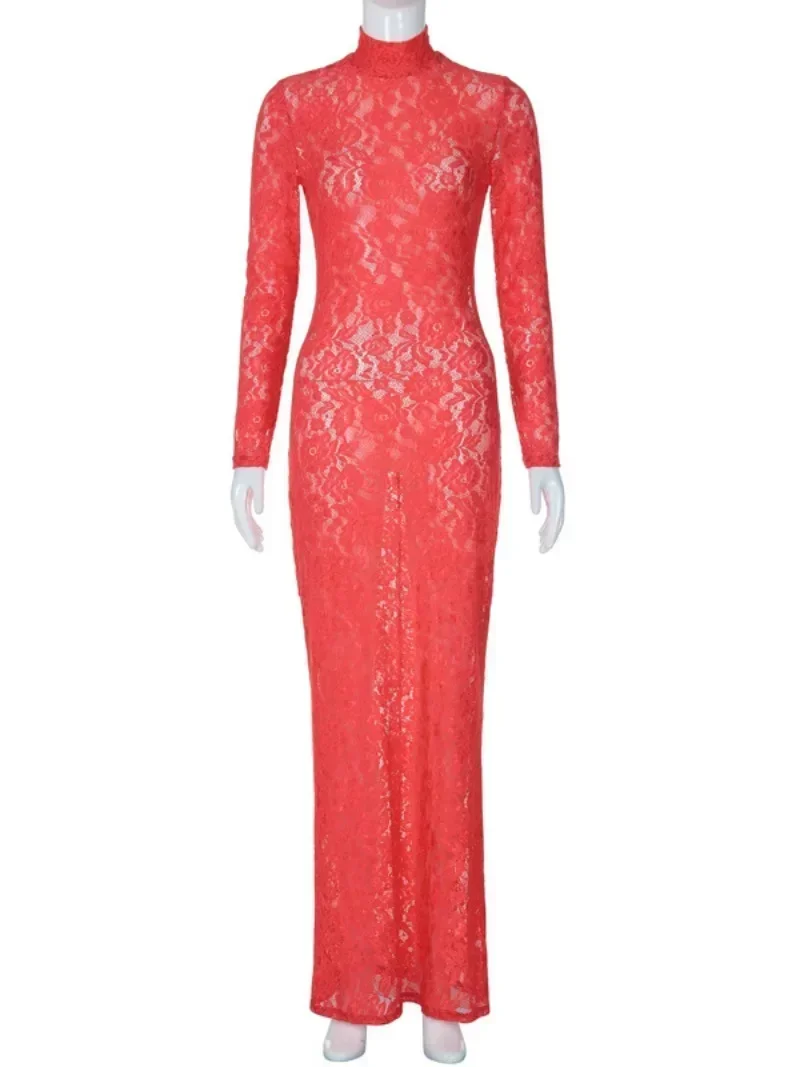 Elegant Sexy See-through Red Lace Evening Dresses for Women 2024 Spring High Waist Hollow Out Bodycon Wedding Party Prom Dress