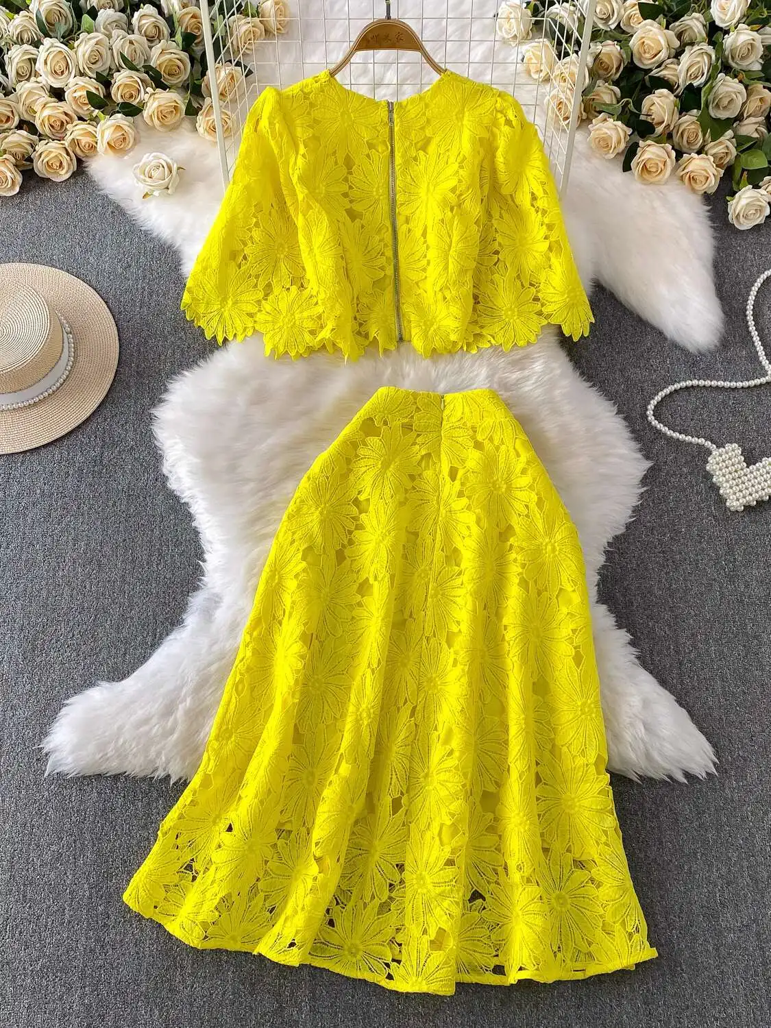 Elegant Piece Set Women Summer Autumn Hollow Out Crochet