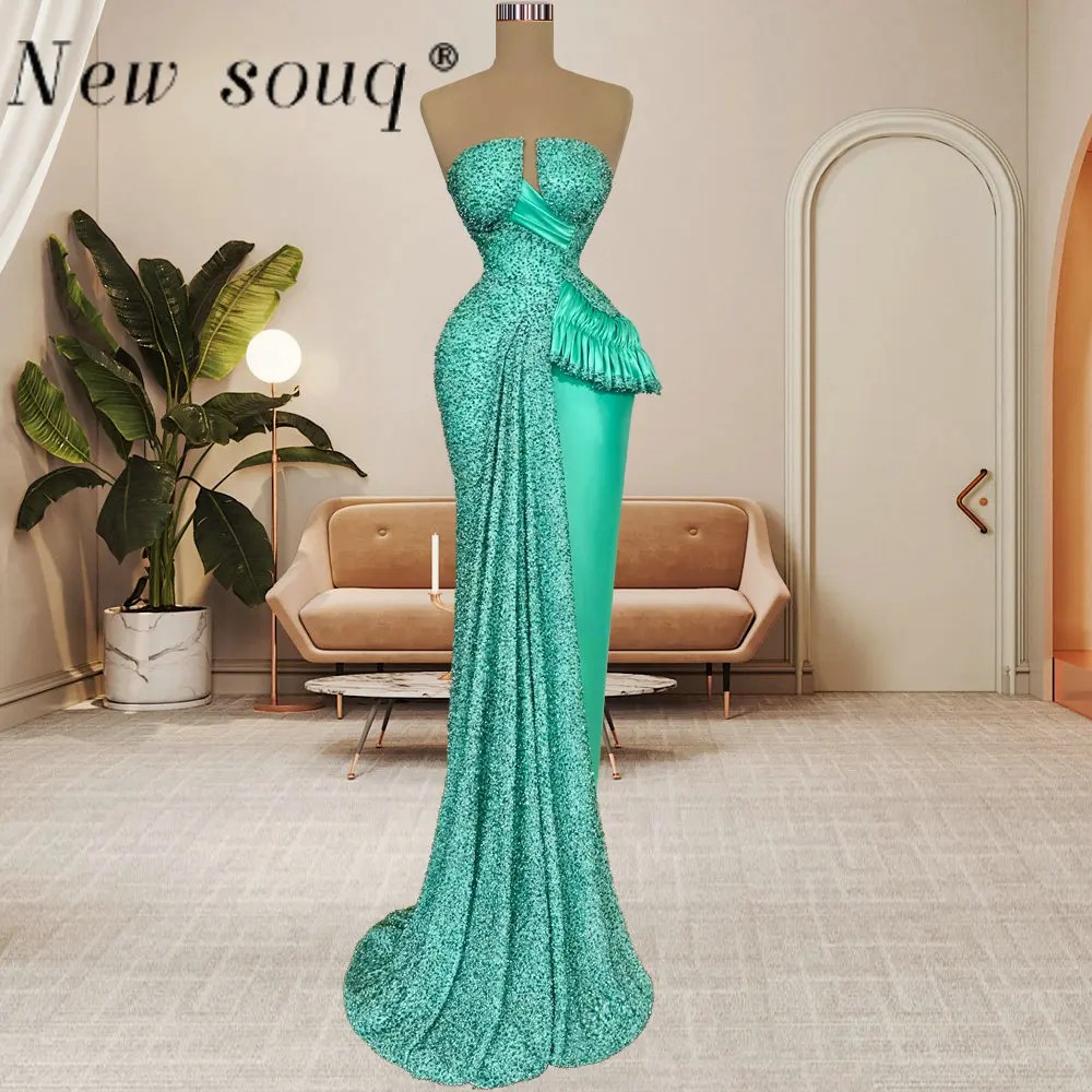 GlitteryMintGreenLongStraplessEveningDressesSparkleBeaded