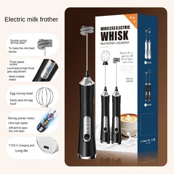 USB Electric Milk Frother, Portable Egg Beater, Coffee Mixer, 3-Speed Adjustable Rechargeable Kitchen Appliance, Food Processor 1