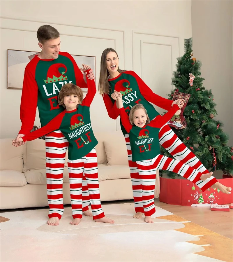 2024 Lindos conjuntos familiares a juego de Navidad Conjuntos de pijamas a rayas para padre, madre, niños y bebés Ropa de pijama navideña para papá, mamá y yo