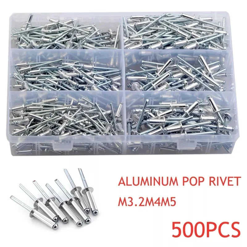 500PCS Pop Nieten Aluminium Sortiment Kit M3,2 M4 M5 Pilz Kopf Brechen Dorn Blind Nieten Set GB12618