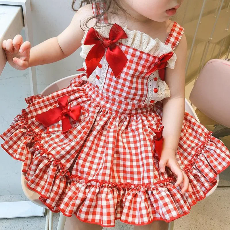 Summer Girls Cute Bow Plaid Dress abiti da festa di moda senza maniche Tutu per bambini Toddler Girl Princess Fluffy Dress abiti per bambini