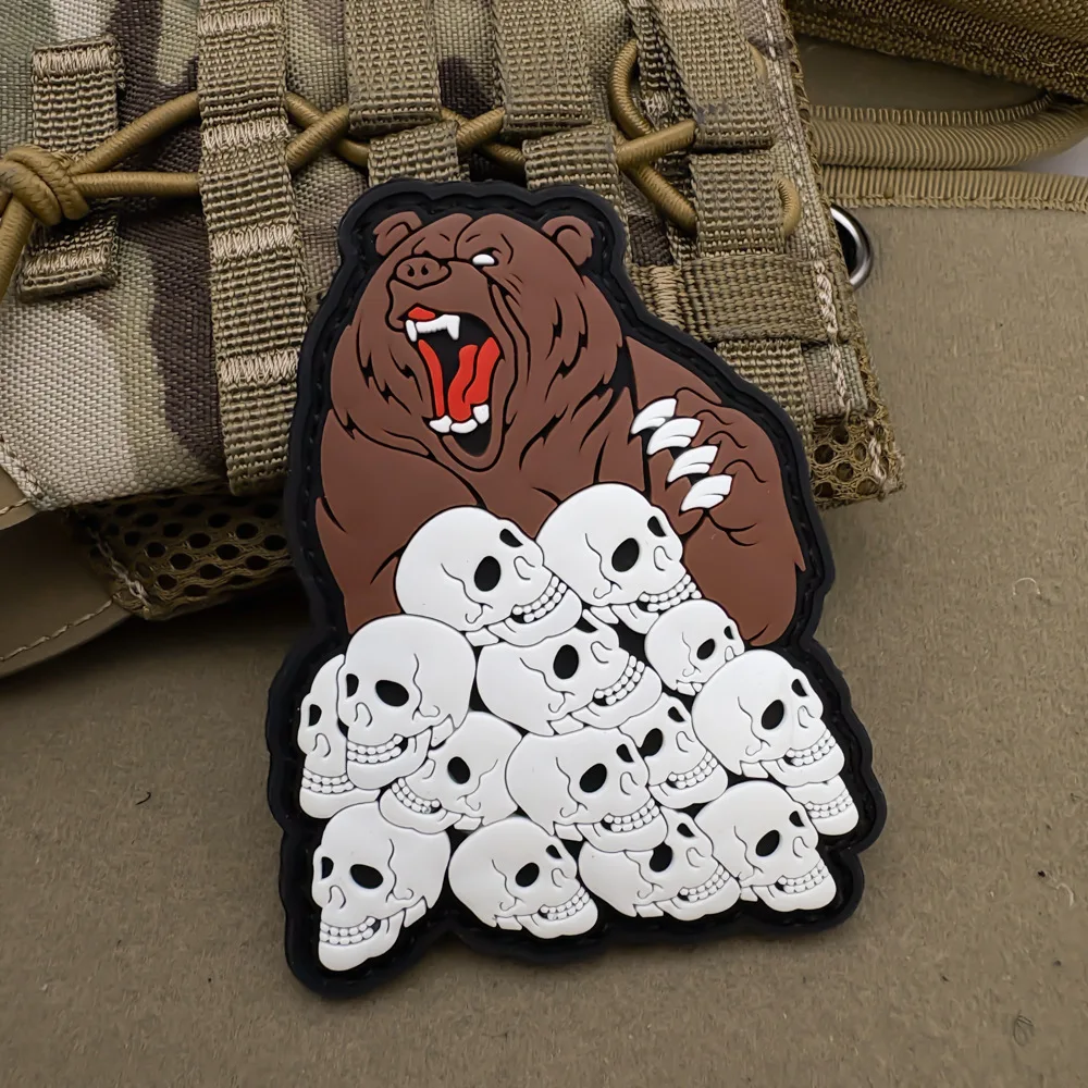 �Humans Beware“ Reizbare Braunbär-PVC-Patches, taktische Militär-Armee-Moral, Klettverschluss, Rucksack-Aufkleber für Kleidung