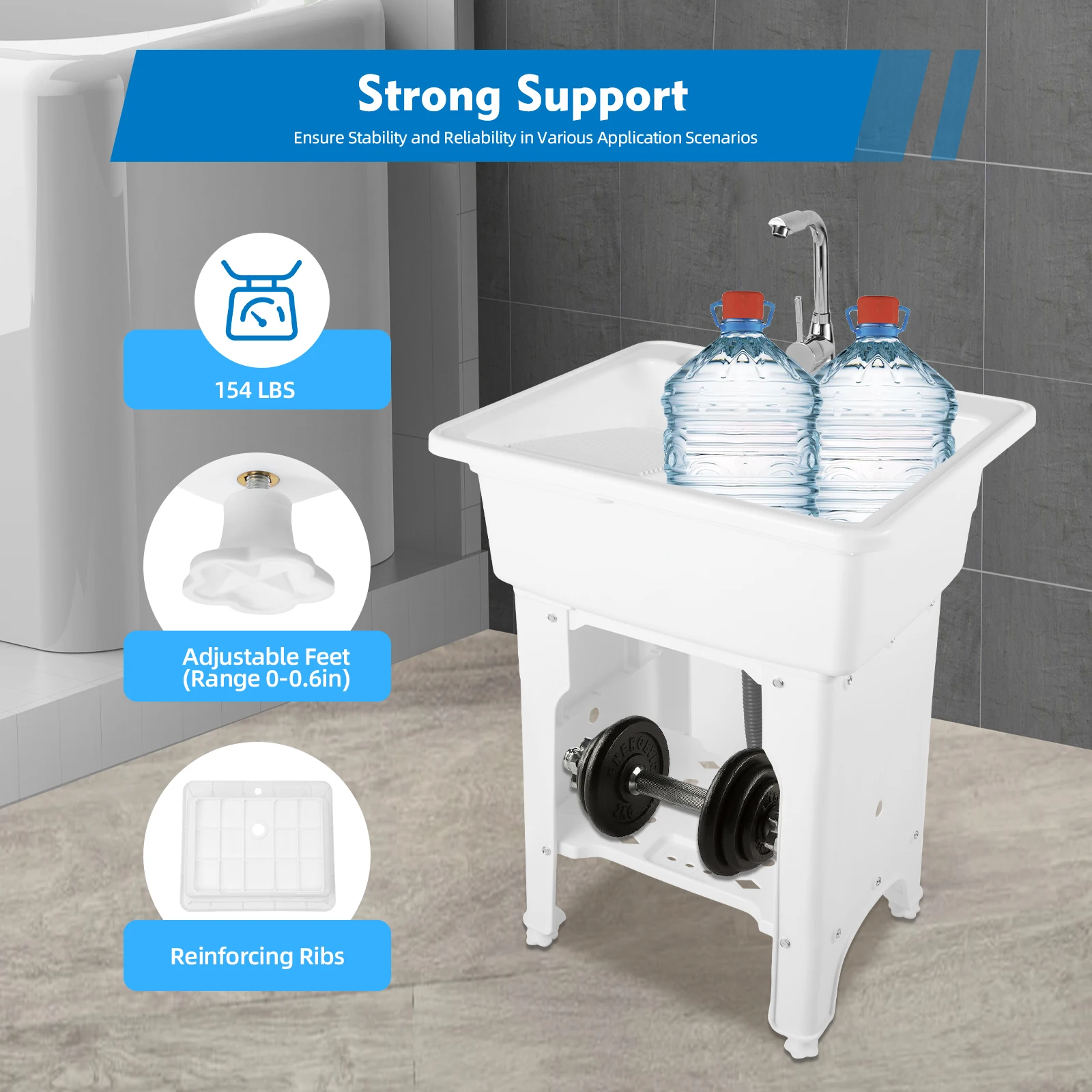 Freestanding Plastic Laundry Sink with Washboard Indoor and Outdoor Utility Sink with Cold and Hot Water Faucet 2