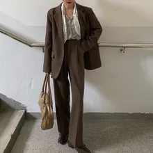 Conjunto de 2 piezas de chaqueta y pantalones de pierna ancha de cintura alta para mujer, traje elegante de negocios, Estilo Vintage, a la moda, novedad de 2021
