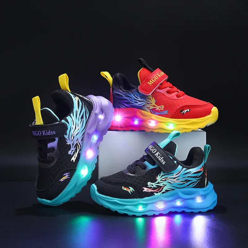 Spring New Children's Sports Shoes Fashion Dragon Luminous Children's LED Light Shoes Boys' Casual Running Shoes 1-6 Years Old