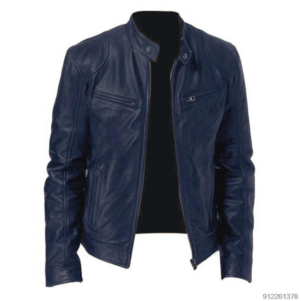

Blue Men's Motorcycle Leather Jacket PU Material Men's Punk Leather Jacket Stand Collar Motorcycle Jacket Wear Resistant