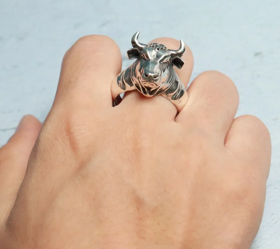 3D Sublime Antique Taurus Bull Head with Horns Full Of Power Men  Customized 925 Solid Sterling Silver Ring Many Sizes sz6-13