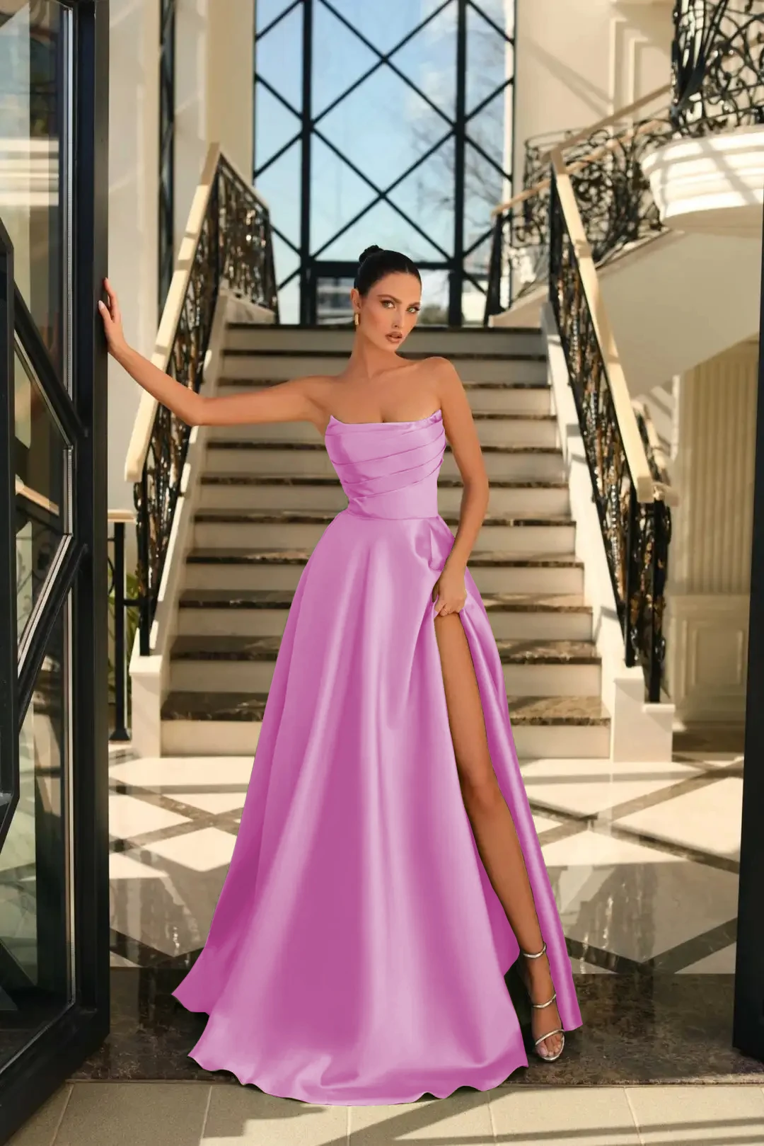 CLcaojun Women's Strapless A-Line Satin Evening Dress With Bow & Pocket - Floor Length Prom Gown - View #4