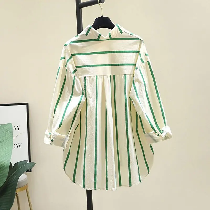 Korean Striped Loose Shirt Spring Autumn New Commute Single-breasted Female Clothing Polo-Neck Fashion Letter Embroidery Blouse
