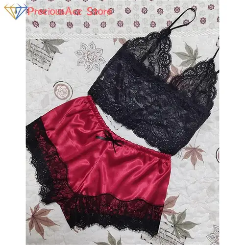 여성 레이스 V 넥 잠옷 세트, 란제리, 민소매, 잠옷, 크롭트, 여성 잠옷, 섹시한 새틴 파자마 세트, 상의 및 반바지, 1 세트 2