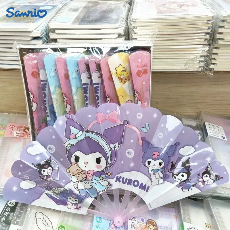 

NEW 50pcs Sanrio Kuromi My Melody Cinnamoroll Seven Fold Fan Anime Pom Pom Cartoon Purin Portable Summer Folding Fan Gifts