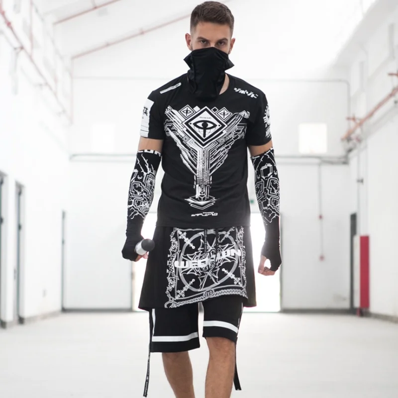 Summer Men Punk Techwear Style Outdoor Sport Sun Protection Sleeves High Street Personality Print Tactical Function Arm Sleeves sun protection arm sleeves