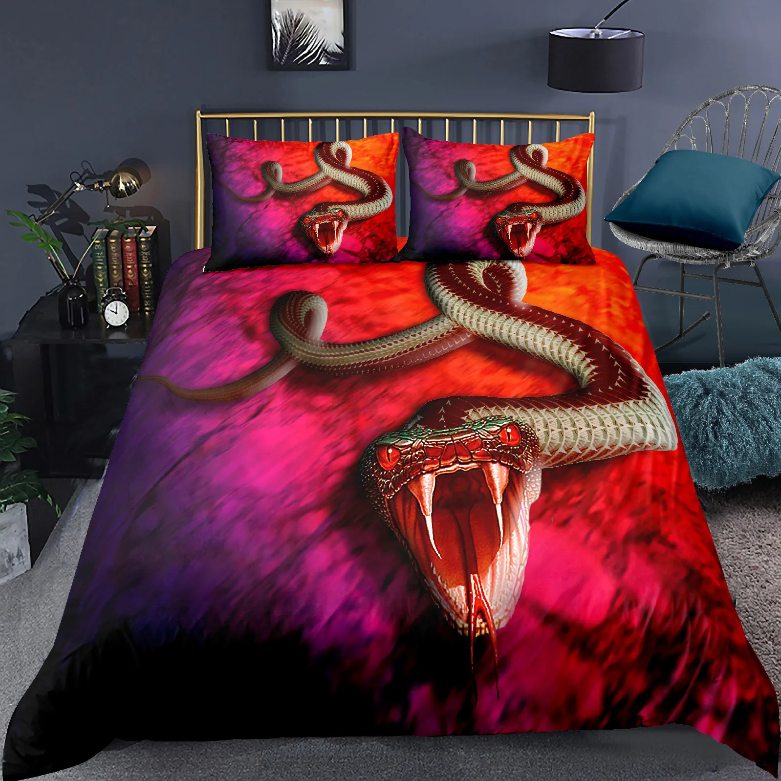 3D Snake Comforter Cover Set for Kids Boys Teens Green Snake Duvet Cover 3D Reptile Print Bedding Set Wild Animal Quilt Cover