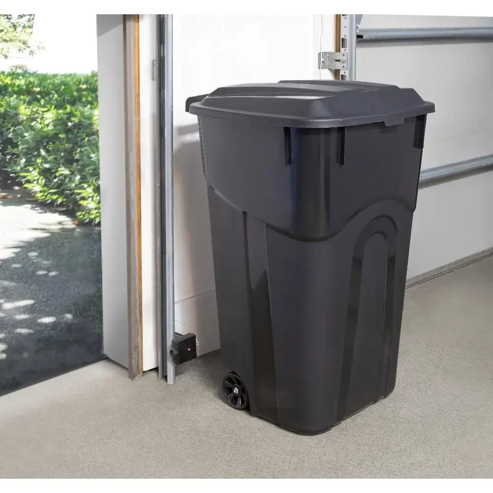 32 Gallon Heavy Duty Wheeled Plastic Garbage Can Attached Lid Black Transport Waste Indoor Outdoor Household Commercial Smooth 2