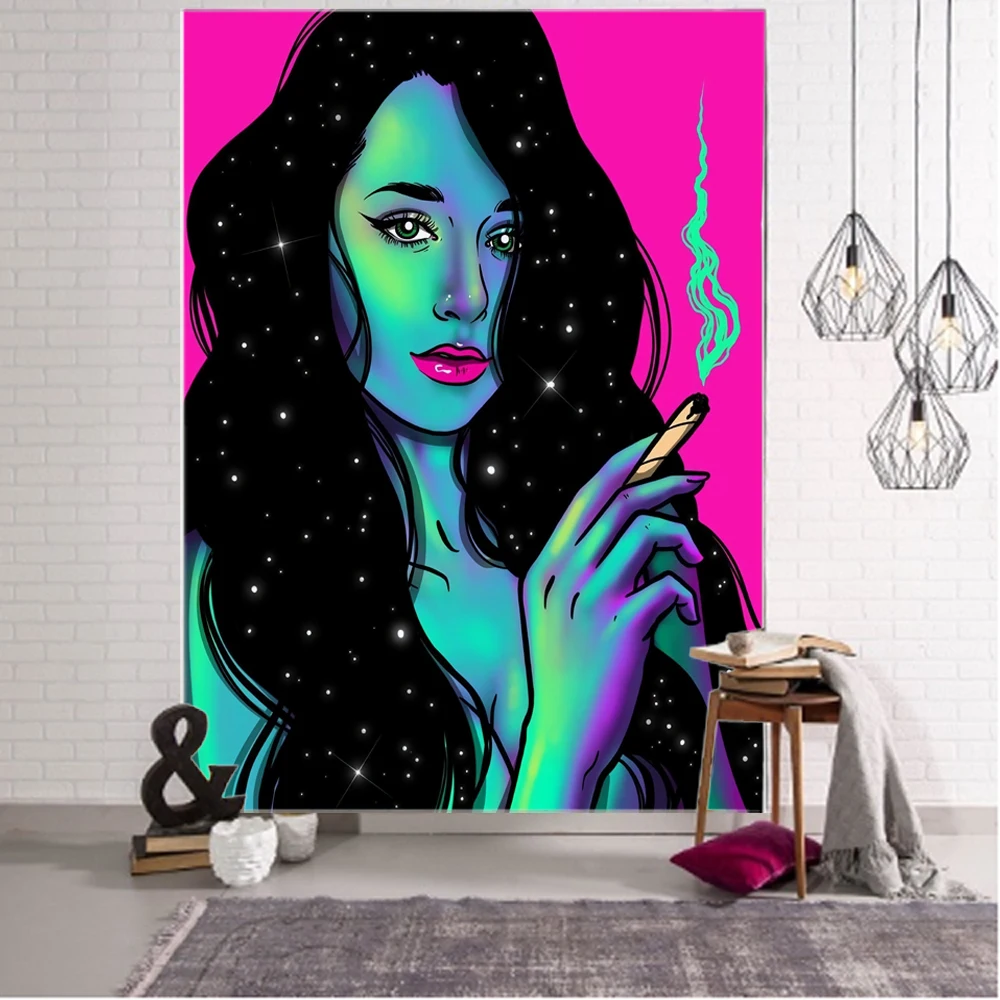 Cool pink smoke girl background decoration tapestry, smoking girl background decoration tapestry