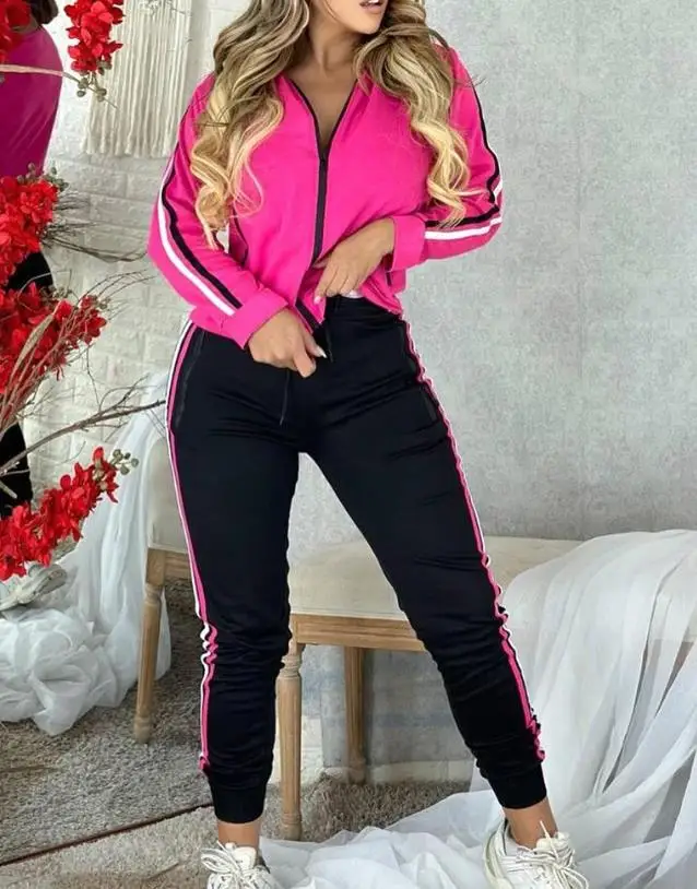 

Woman Fashion Striped Zipper Detail Jacket & Pants Set European & American Women's Clothing Casual Sporty Style Outfits