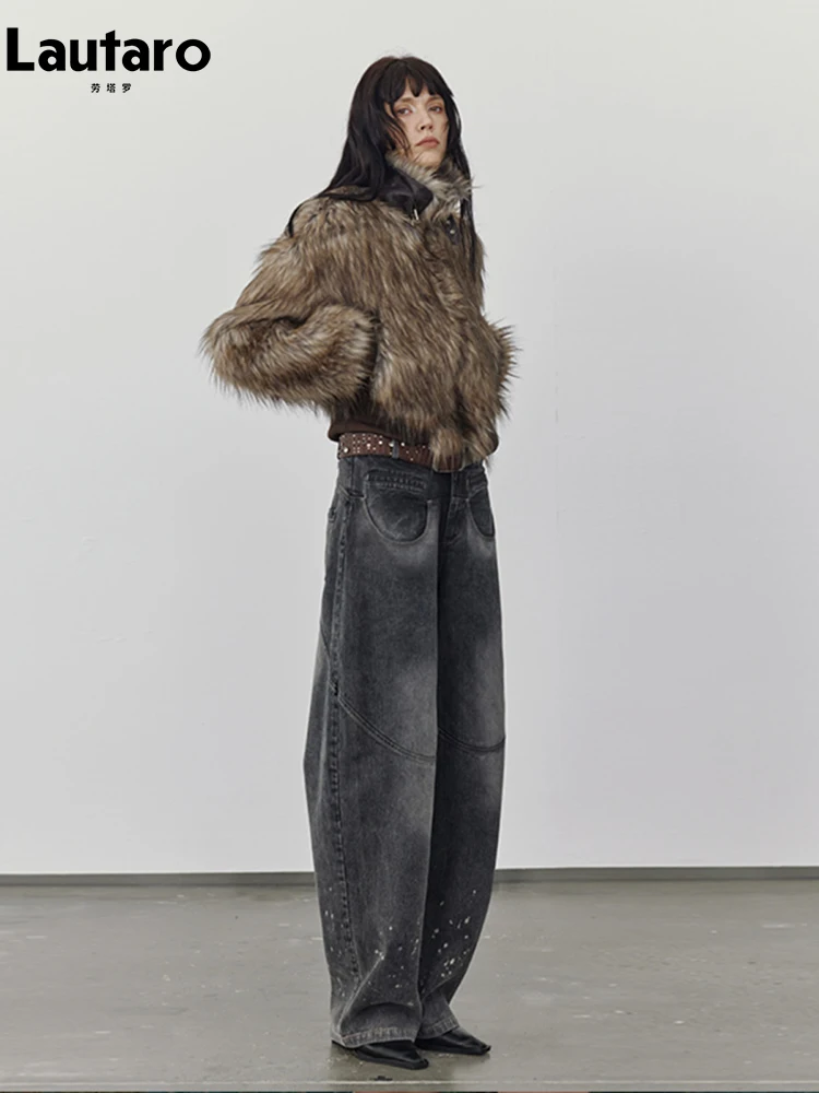 Lautaro Autumn Winter Short Warm Thick Hairy Shaggy Patchwork Faux Raccoon Dog Fur Coat Women Zipper Luxury Fluffy Jacket 2024 2