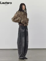 Lautaro Autumn Winter Short Warm Thick Hairy Shaggy Patchwork Faux Raccoon Dog Fur Coat Women Zipper Luxury Fluffy Jacket 2024 2