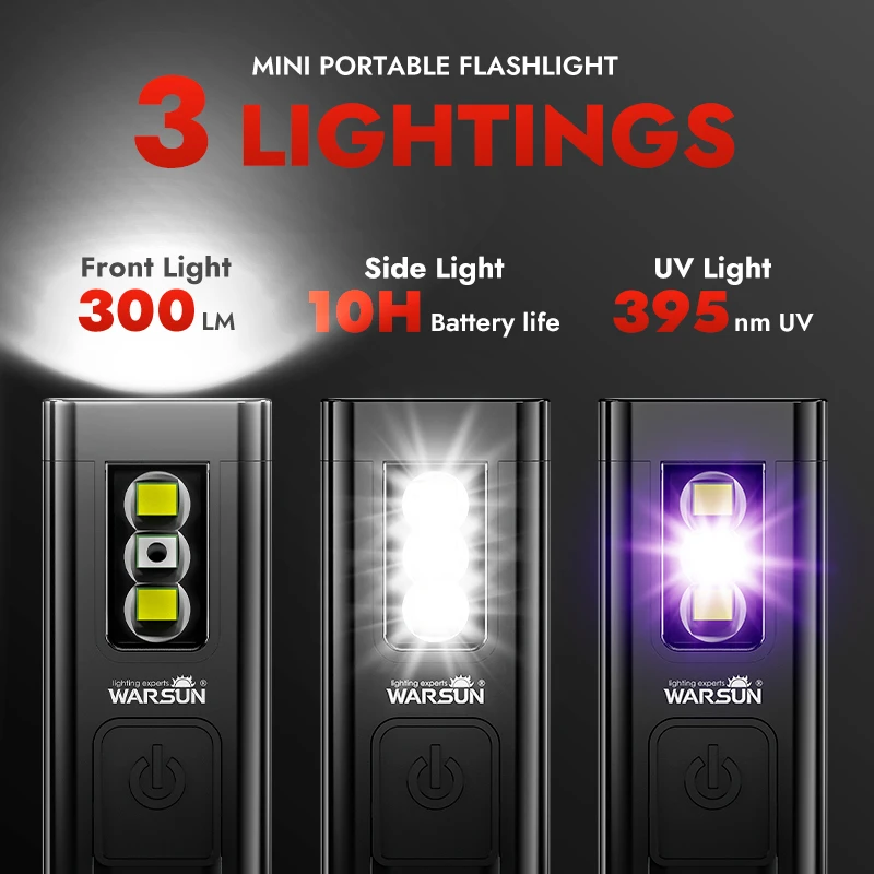 WARSUN T5 미니 손전등 LED 포켓 18g 경량 충전식 300LM 키체인 UV 라이트 EDC 하이킹 캠핑용