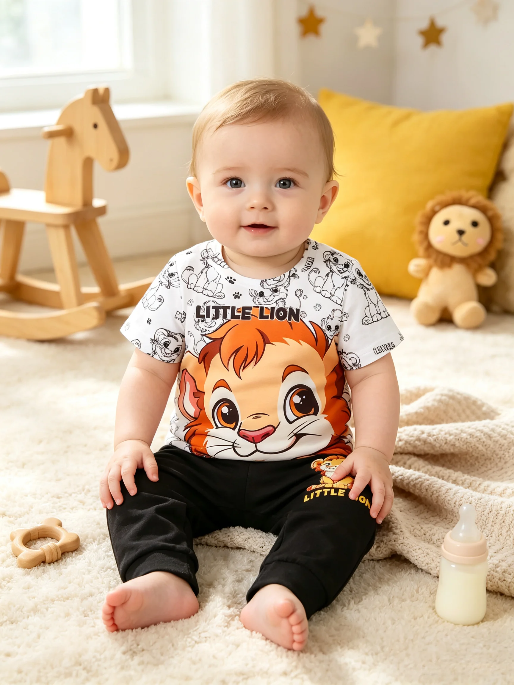 Kinderbekleidungsset, lässiges T-Shirt mit Cartoon-Löwen-Print, Rundhalsausschnitt und kurzen Ärmeln + Hose mit elastischem Bund und Löwen-Print.