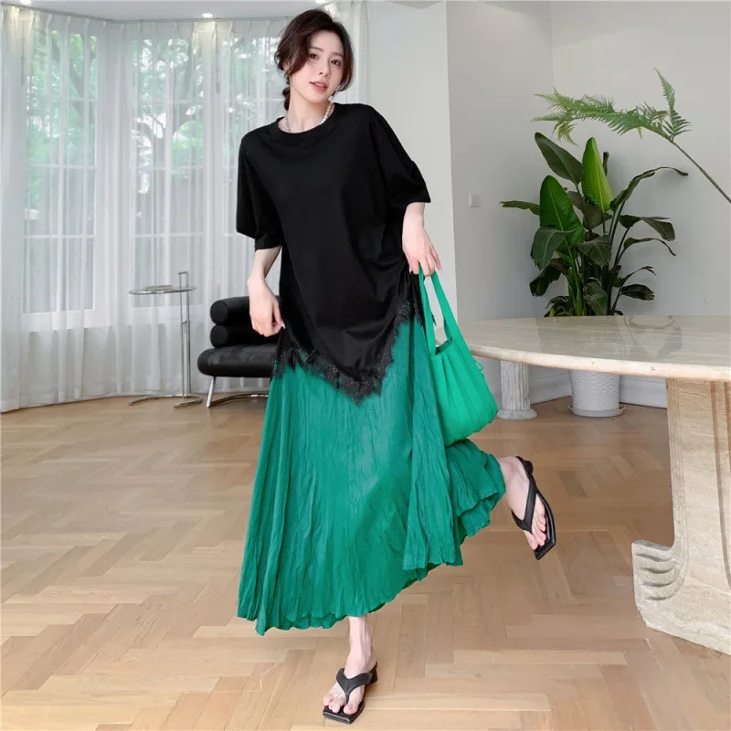 

2022 Summer New Loose Thin Lace Fishtail Dress Korean Simple Casual All-match Women Fake Two-piece T-shirt Dress Free Shipping