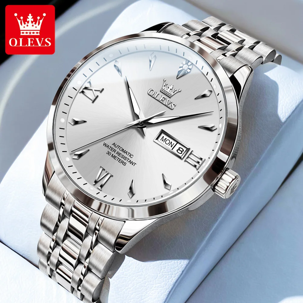 OLEVS Men's Mechanical Watch Waterproof Luminous Stainless Steel Grey Dial Business Automatic Watch for Men Week Date Wristwatch