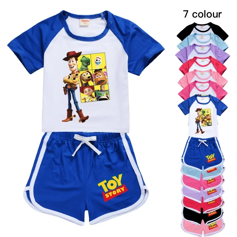 Ensemble de vêtements de dessin animé Pixar Toy Story 4 pour garçons et filles, T-shirt à manches courtes et short, Buzz Woody imbibé, olympiques en coton pour enfants
