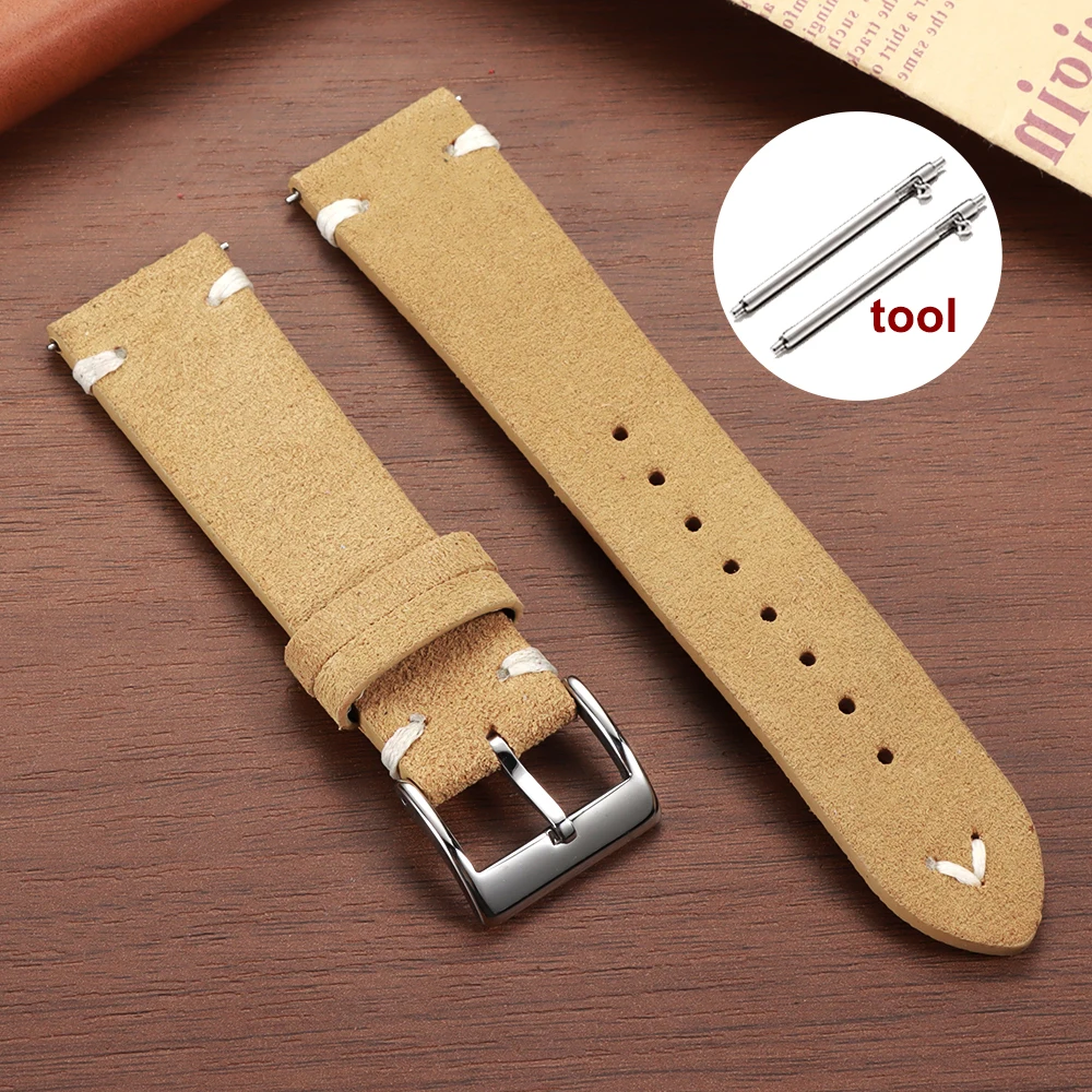 Vintage Brown Suede Leather Watch Strap with Quick Release - Multiple Sizes Available