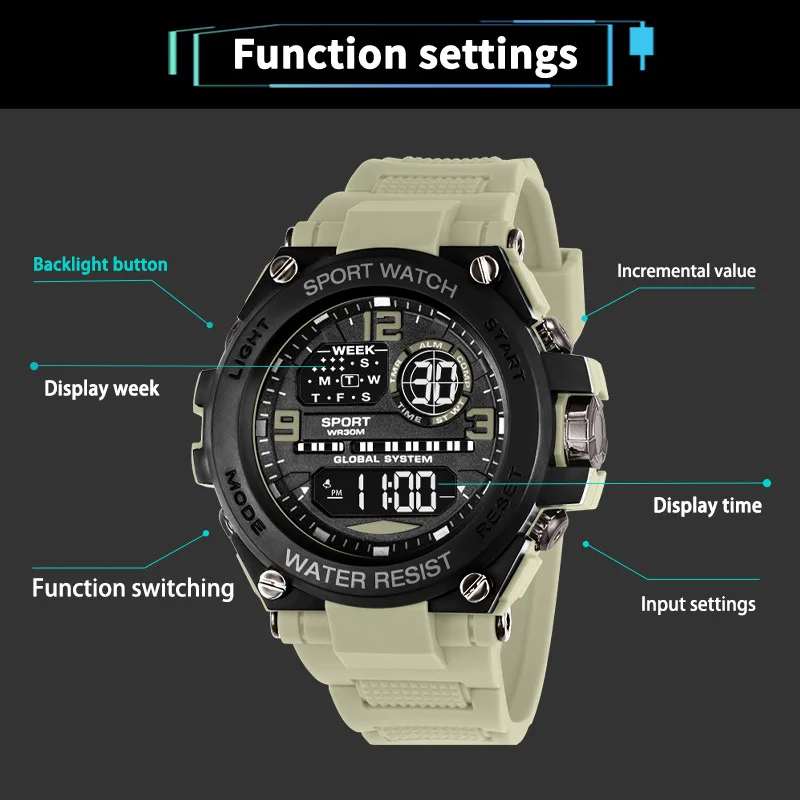 Men's Watch Outdoor Sports Timing Night Light Alarm Electronic Watch