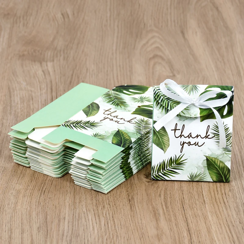 10/50Pcs Thank You Candy Gift Box Green Leaf Cookie Chocolate Packaging Bag Wedding Favors for Guest Birthday Party Decor Supply