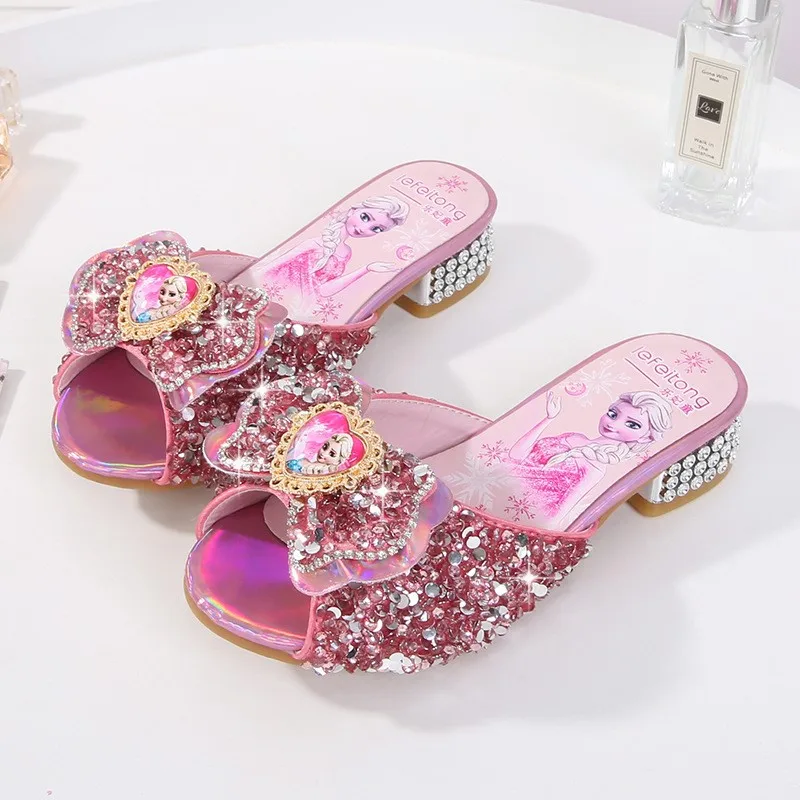 Girls Summer Sandals fashion Slipper Sequined Princesse Children High Heel Party Dress Elsa Shoes Leather Slipper for Girl 3