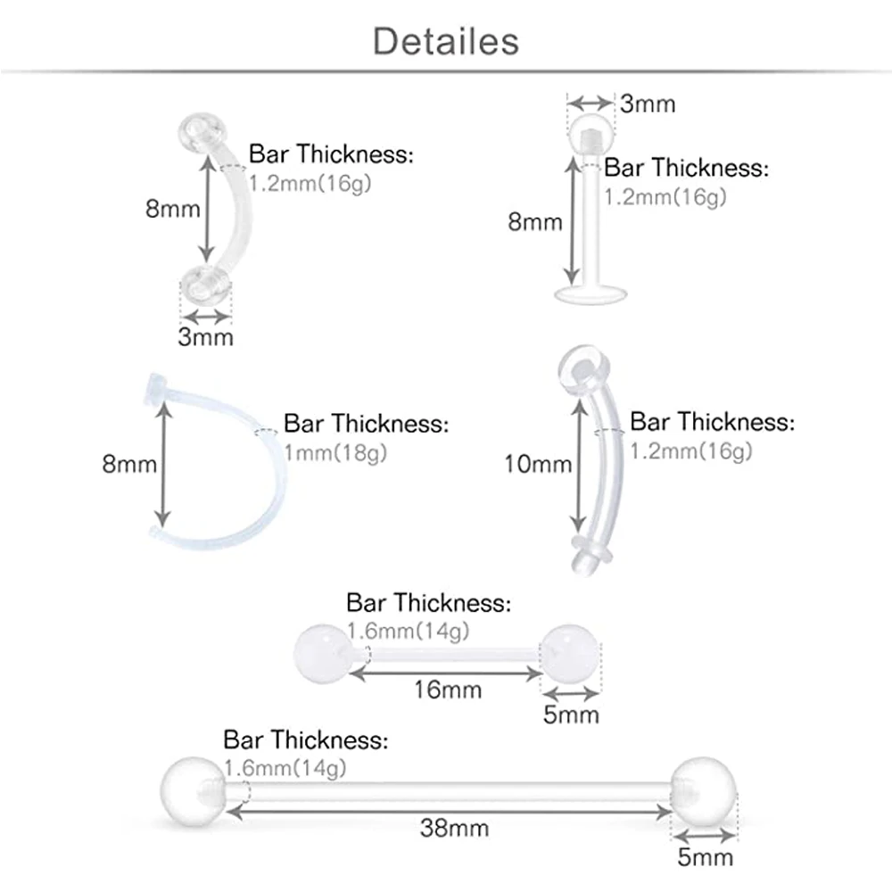Clear Piercing Retainers Septum Retainer Studs Flexible Lip Ear Nose Tongue Ring Nipplering Cartilage Rook Daith Horseshoe