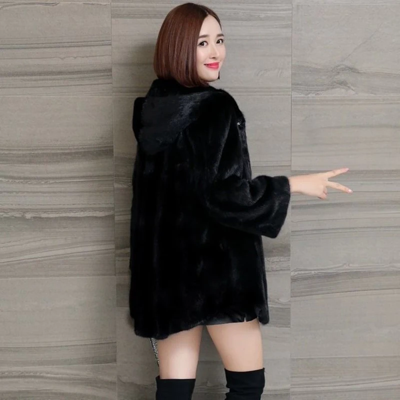 Vintage Hooded Plush Outwear Women Casual Imitation Mink Warm Winter Jacket Loose Oversized Thick Windproof Faux Fur Korean Coat