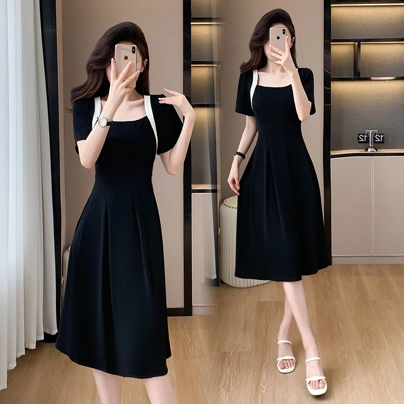 

2024 New Slightly Fat Large Dress Summer Thin Hepburn Style Mid length Dress Pure Black Chiffon Spliced Women's